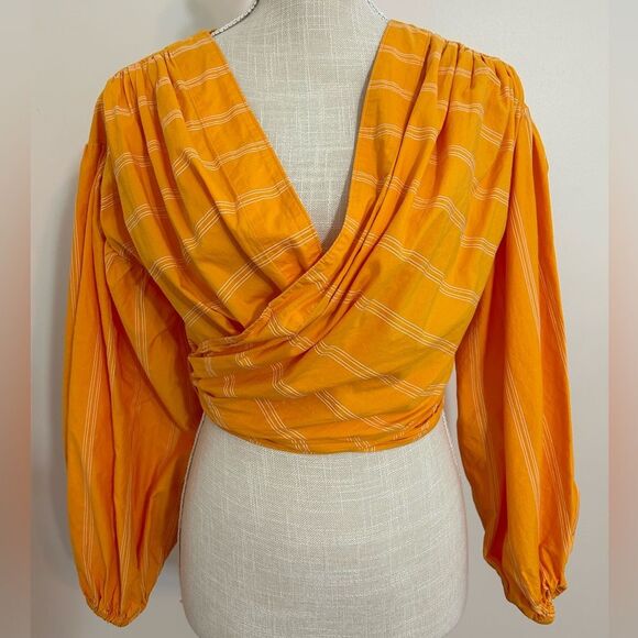 Acler Wyatt Blouse Orange White Stripe Wrap Puff Sleeve Tie Size 2 - Picture 4 of 10